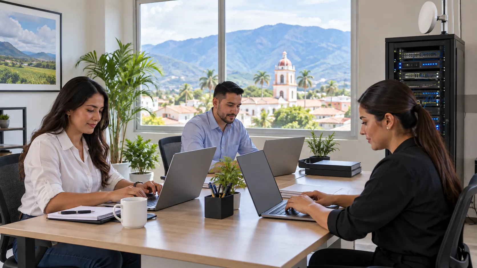 Equipo de trabajo en una oficina conectada