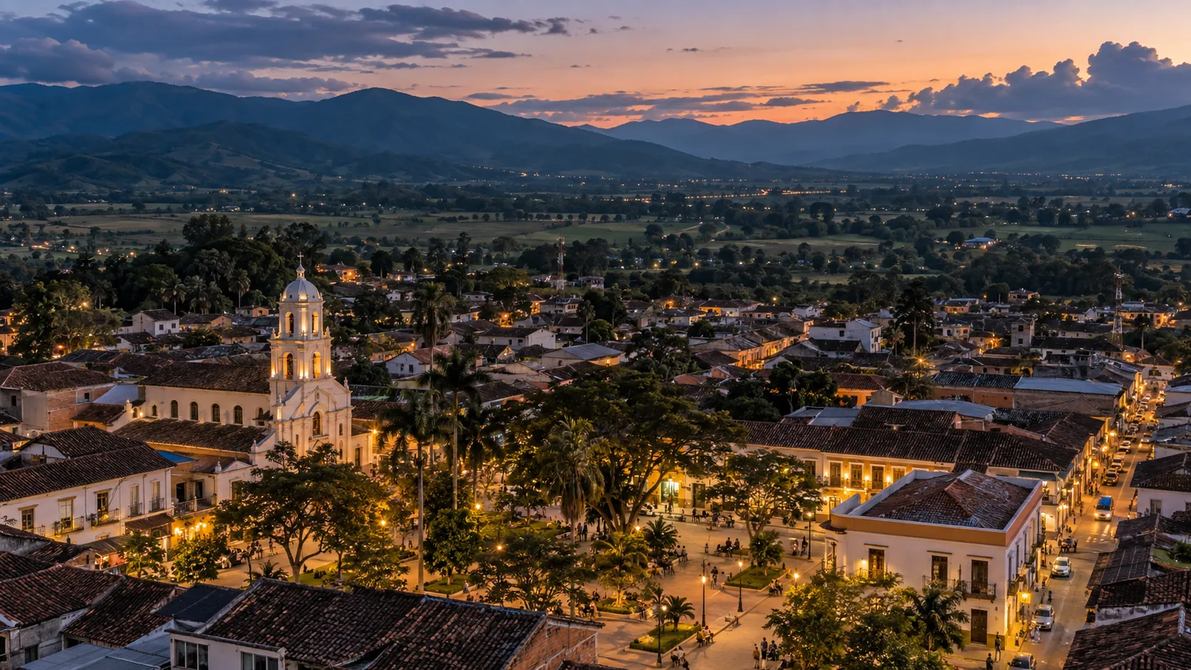 Vista aérea de un pueblo del valle al atardecer